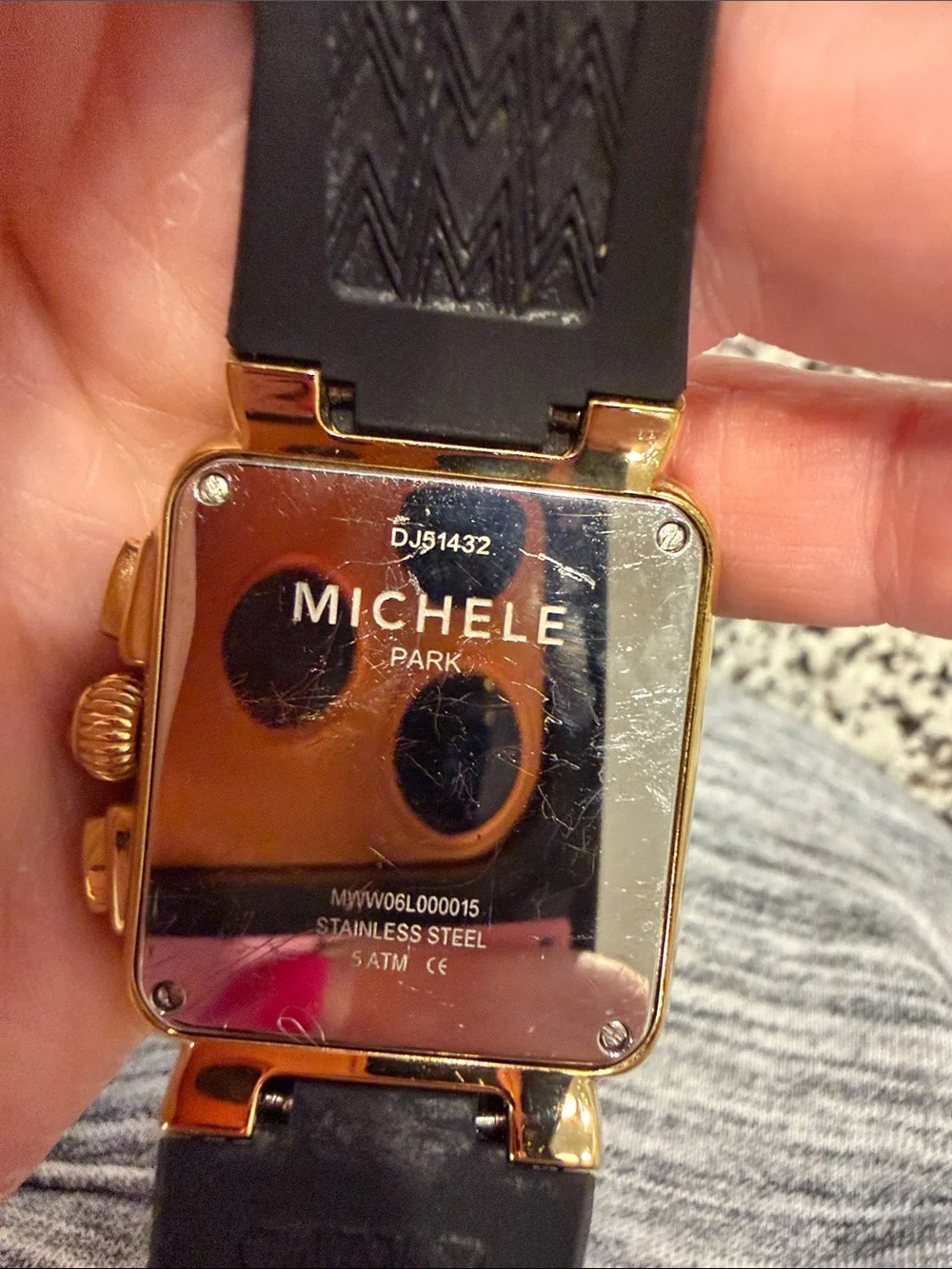 Michele Black Silicone Band Watch with Gold-Tone Square Case